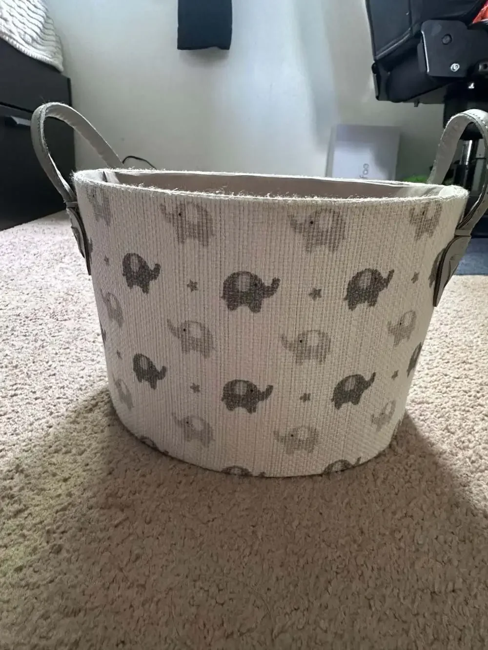Little Dreamers Elephant Pattern Round Canvas Storage Basket with Faux Leather H
